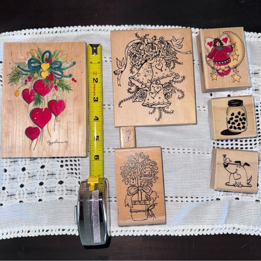 Valentine’s Wooden Uninked Stamps with Heart and Floral Designs